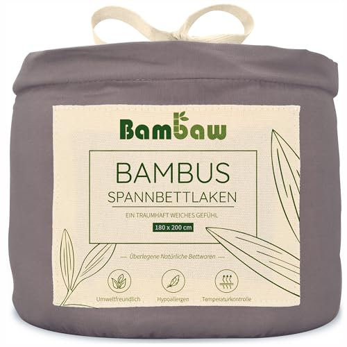 Bambaw Spannbettlaken Bambus 180x200cm, 35 cm Steghöhe, hypoallergene Allergiker Bettwäsche, atmungsaktive Bettwäsche Sommer, 100% Bambus Bettlaken, Spannbettlaken 180x200cm kühlend (Dunkelgrau)