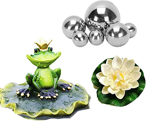 Super Idee Miniteich Deko Set Frosch auf Blatt Teichfigur mit 6 Schwimmkugeln und 2 Schwimmend Lotusblüte für Miniteich Terrassenteich Zinkwannen Solarbrunnen Garten Balkon Teiche Deko (Froschkönig)