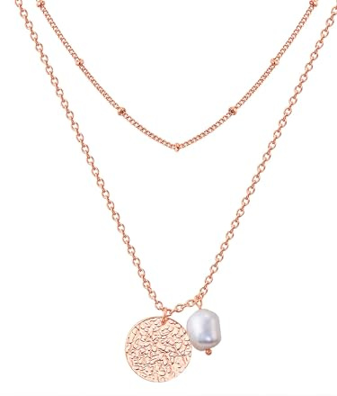 Valero Pearls Damen Kette aus Edelstahl rosévergoldet im Layering Look mit Barock Süßwasser-Zuchtperle 8,1 mm - Edelstahlhalskette Rosegold zweilagig