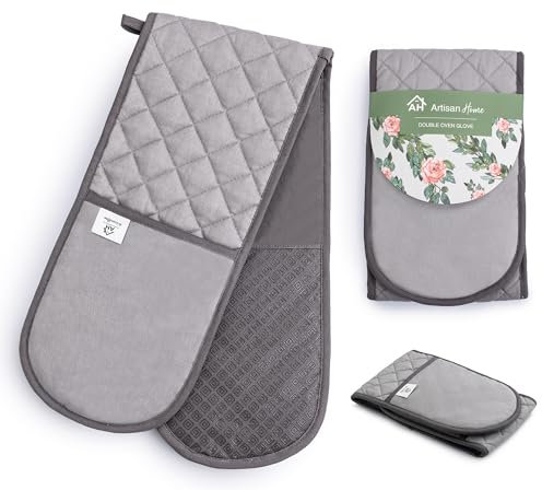 Grey Double Oven Gloves Heat Resistant Silicone Oven Mitts Pair | Non-Slip Silicone Oven Gloves Double Oven Mitt | Machine Washable Thick Potholders Home & Kitchen Accessories.