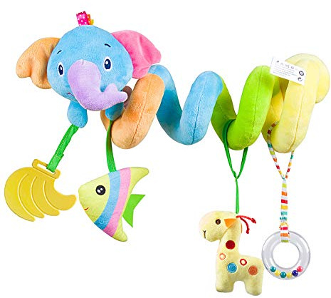 caterbee Baby Car Seat Toy, Activity Spiral Plush pram hanging Toy, cot Accessories with boys or Girls (Elephant)