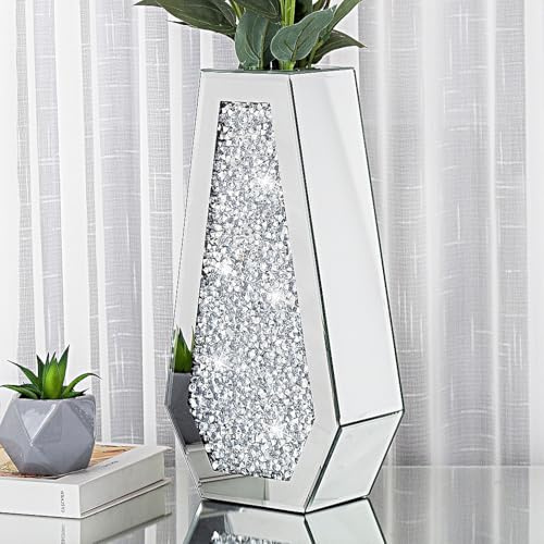 Verspiegelte Blumenvase mit zerkleinertem Diamant, große Glasvase, moderne Kristall-dekorative Spiegelvasen, atemberaubende Luxus-Bodenvase für Tafelaufsätze, Blumen, Heimdekoration, Silber, 38,1 cm