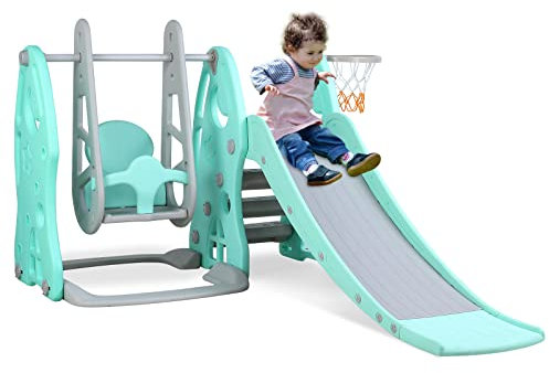 Kinderrutsche Schaukel Basketballkorb, Kinder Spielplatz, Kinderrutsche mit Schaukel Indoor, Rutsche IIndoor ab 1 Jahr, Schaukel mit Rutsche und Kletterleiter, Kinderrutsche Outdoor, Gartenrutsche