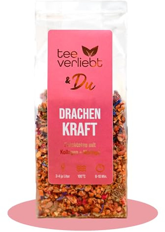 Teeverliebt Colágeno Bayas Drachenfrucht-Mix Té con hojas de moring, manzana, frambuesa, mezcla de té suelto con colágeno en polvo 100 g