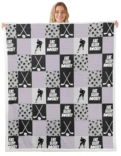 Girls Ice Hockey Plush Bed Throw Blanket 50X60 Teen Patchwork Pucks Sherpa Fleece, Eat Sleep Hockey Sports Games, Purple Geometric Checkered Stripe Black Grey