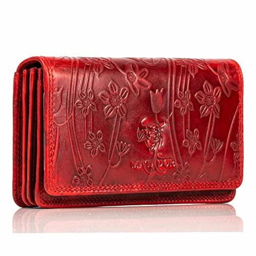 MATADOR Geldbörse Damen Rot Leder #VENEDIG mit edler Geschenkbox, Elegante Geldbörse Damen Mittelgroß mit RFID Blocker, Luxus Portemonnaie Mittelgroß Viele Kartenfächer, Blumen Rot