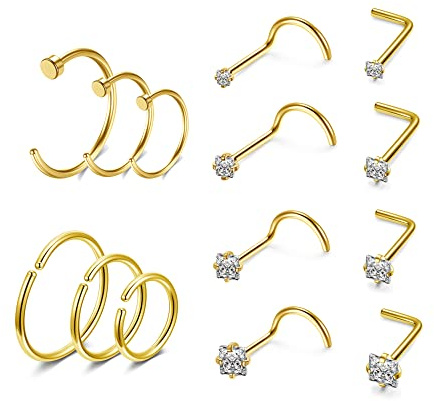 PiercingJak 14Pcs Piercing Nez Anneau Or Piercings Nez Courbe Tige L Strass Faux Piercing Anneau Nez Acier Inoxydable Doré Piercing au Nez Tragus Hélix Cartilage Bijoux de Corps Femme Homme