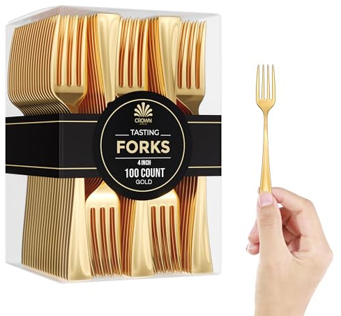 Exquisite Mini Disposable Gold Forks For Desserts - Pack Of 100 Dessert Forks – Size: 4 Inch - Color: Gold - Real Flatware Look - BPA Free - Food Safe