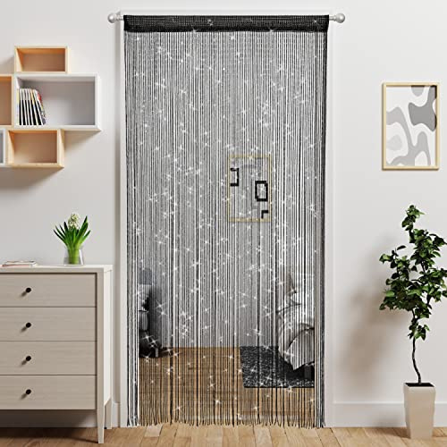 Atsweetlife Door String Curtain Doorway Beads Curtains,Hanging Room Divider Beaded Decor Hippie Glitter Fringe Panel Closet Window Doors Sequin Sheer Boho Doors Tassel (Black)
