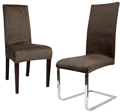 BEAUTEX Stuhlhussen Samt Stretch Stuhl & Schwingstuhl 2er Set Braun LEA | 95% Polyester, 5% Elasthan, weiche Velours-Oberfläche, Rundum-Gummizug, 30 °C waschbar, faltenarm, formstabil & langlebig