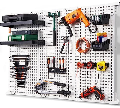 VEVOR Organiseur Mural en Panneau Perforé Garage 1219x814 mm Charge 225 kg Support Mural Métal Kit Rangement d'Outils 37PCS avec 3 Panneaux Perforés, Crochets, Bacs de Rangement pour Entrepôt, Magasin