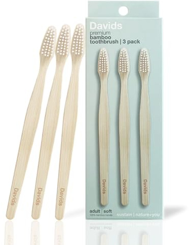 Davids Premium Bamboo Toothbrush, 3 Pack BPA Free High Performance Soft Bristle Toothbrushes for Adults, 100% Natural Bamboo Handle