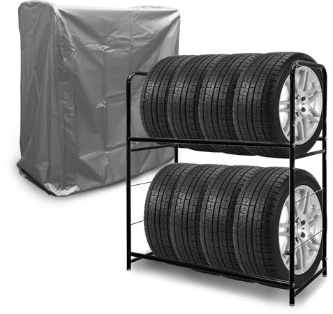 Randaco Scaffalatura per pneumatici 8 pneumatici, 2 supporti per pneumatici 107 x 46 x 117 cm, albero per pneumatici auto, capacità di carico 180 kg, scaffale per cerchioni con copertura di protezione