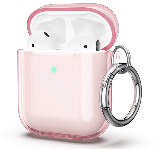 ULAK für AirPods 2 & 1 Hülle Durchsichtig Rosa mit Karabiner | Weiches Klares TPU, Stoßschutz Hülle Dünn Schutzhülle Transparent mit Schlüsselanhänger für AirPods 2/AirPods 1, LED sichtbar