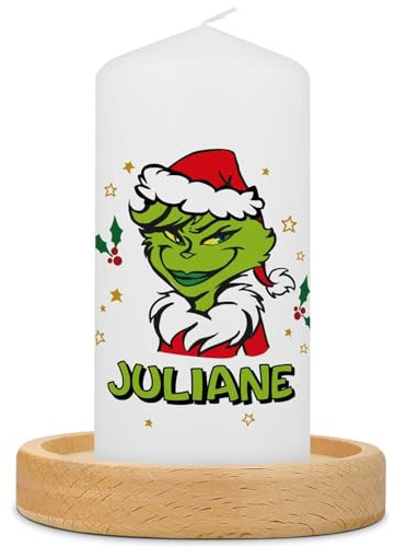 GRAVURZEILE Bedruckte kleine Kerze - Grinch Mimimi - Personalisiert mit Namen - Geschenk zu Weihnachten für Sie & Ihn - Hochwertige Stumpenkerze Weiß - 120/58 mm - Farbe: Grinch (F)
