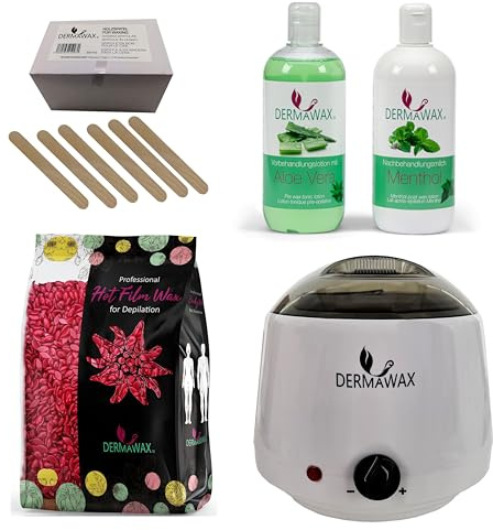 Dermawax Profi Waxing Set zur Haarentfernung- 1000 ml Wachswärmer Made in Spanien- 1 kg Rose Wachsperlen- 500 ml Aloe Vera Vorbehandlungslotion 500 ml Menthol Nachbehandlungsmilch 200 Stück Holzspatel