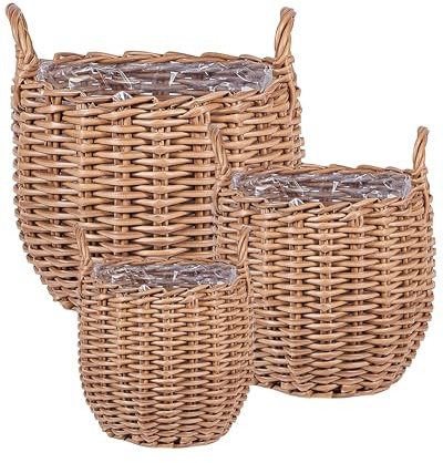 Blumenkorb Rattan braun 3er Set rund geflochten mit Folie Griffen Boho Aucuba