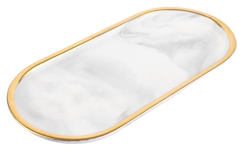 YAYODS 1 vassoio in marmo bianco – Piatto in marmo ovale – Vassoio decorativo in ceramica con bordo dorato 12 x 26 x 1,5 cm per conservare gioielli, cosmetici, candele e altri piccoli oggetti