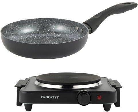 Progress COMBO-9088 Electric Hotplate Set – With 28 cm Ceramic PFAS-Free Non-Stick Frying Pan, Camping Stove, Table Top Electric Cooker, Portable Kitchen Hob with Carry Handles, Variable Heat Settings