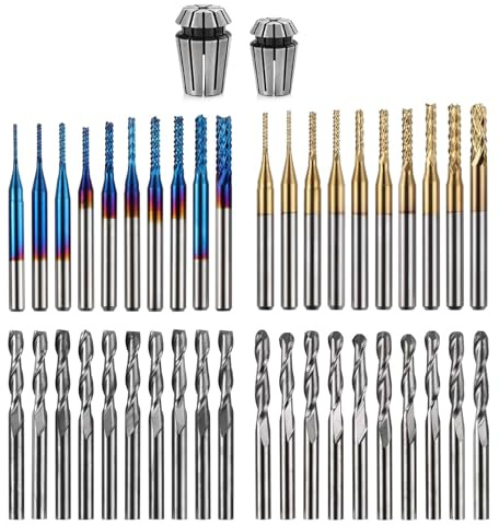 LUNYEE 40pcs End Mills CNC Router Bits with ER11, ER16 Collet, 1/8 Shank CNC Cutter Milling Carving Bit Set Including 2-Flute Flat Nose & Ball Nose, Nano Blue Coat & Titanium Coat Bits