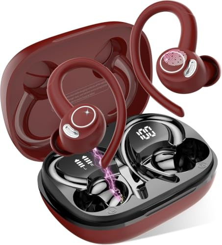 Sports Wireless Earbuds with EarHooks HiFi Stereo Sound, Elegant Red | Bluetooth 5.4、High-fidelity Audio、ENC Noise Reduction、48H、LED Digital Display、Perfect for Sports, Running, Gym and Travel.