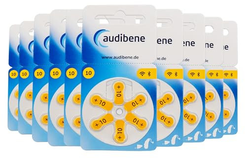 audibene Hörgerätebatterien Typ 10 gelb, Batterien für Hörgeräte 60 Stück Vorratspack, Made in Germany, inkl. GRATIS Reinigungstuch, Wireless Approved, quecksilberfrei