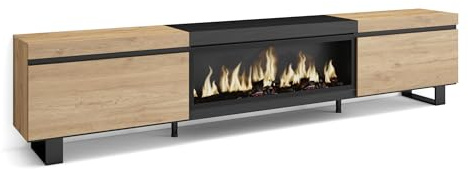 Skraut Home | TV-Schrank, Lowboard | für Wohnzimmer und Esszimmer | 267x57x35 cm | Für großformatiges TV | Elektrokamin XXL | Industriedesign | Moderner Stil | Eiche Schwarz