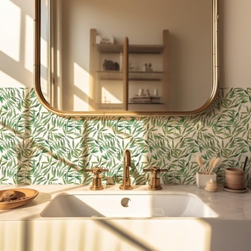 Piastrelle Adesive Cucina Foglie Verdi Impermeabile Pvc Piastrelle Adesive Bagno, A Prova Di Olio Piastrelle Adesive,Pannelli Decorativi Per Pareti Piastrelle Adesive 10 Pezzi(20x20cm)