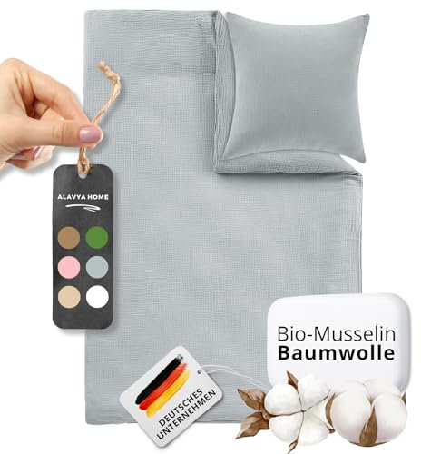 ALAVYA HOME® Kinderbettwäsche 100x135 2 teilig | ÖkoTex Zertifiziert & für Allergiker geeignet | Musselin Bettwäsche Kinder Set mit je 1 Bettbezügen 135 x 100 & 1 Kissenbezügen 40x60 | Grau