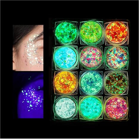 KUIRUNRX® Glitzer Gesicht, 12 Farben Festival Glitzer Gesicht, Fluoreszierendes Body Glitter Festival Accessoires, Halloween Schminke Make-up Glitter Zubehör für Gesicht, Nagelde, Körper, Haare