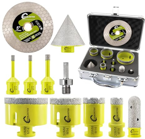 SANLEETEK Foret Diamant Carrelage Kit - Scie Cloche Diamantée 11 pièces (6/6/8/20/35/50/68mm+20mm Fraise+50mm Mèches Chanfrein+125 Disque+Adaptateur) pour Carrelage Céramique Porcelaine Marbre