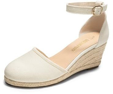 DREAM PAIRS Women's Espadrilles Closed Toe Ankle Strap Dressy Platform Wedge Sandals,Size 8.5,Beige-Canvas,AMANDA-2