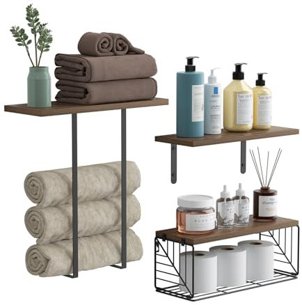 Floating Shelves with Wire Storage Basket, Wood Wall Mounted Bathroom Shelves with Paper Storage and Towel Rack, Farmhouse Wall Decor Shelves for Bathroom, Bedroom, Living Room, Kitchen (Brown)