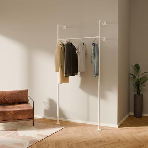 pamo Kleiderstange Wandmontage 120 kg Traglast – Offener Kleiderschrank | Industrial Kleiderständer Weiß aus Metall Wasserrohren - stabil & robust