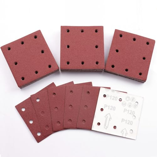 Sruhrak Schleifpapier 110x115mm Klett Set, 50 Stück Körnung 120 Schleifpad | Professional Rechteckiges Schleifblatt für Schwingschleifer, 8 Löcher Schleifblätter für Holz, Metall, Lack, Farbe