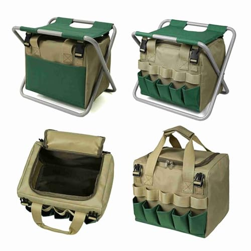 Garden Tool Organizer, Heavy Duty Tote Bag, Folding Stool Included, Hand Tool Storage, Green Apron Design