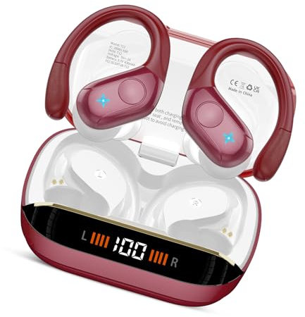 Cuffie Bluetooth, Auricolari Bluetooth 5.4 con Stereo HiFi, 75 Ore Display LED Auricolari Wireless con ENC Mic, IP7 Impermeabili Cuffiette Wireless con Gancio, Cuffie Senza Fili Sport Running, Rosso