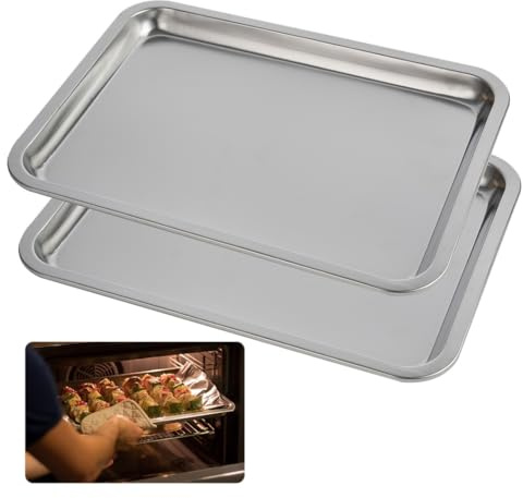 yeeplant 2 bandejas rectangulares de acero inoxidable 304, aptas para lavavajillas, molde para tartas a prueba de óxido, 14.2 x 10.6 x 0.8 pulgadas