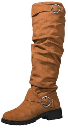 Stivali sopra il ginocchio da donna larghi – Stivali da cowboy da donna in pelle scamosciata – Stivali lunghi con fibbia vintage – Stivali da equitazione rotondi western, Colore: rosso, 37 EU