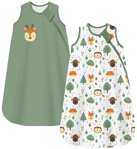 Chilsuessy Baby Schlafsack 1.5 Tog 2er Pack Ganzjahresschlafsack 100% Baumwolle Winter Babyschlafsack für Neugeborene, 1.5 Tog/Grün Wald Set, 78cm/6-12 Monate