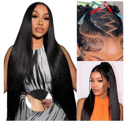 Oxeyegirl 18 Zoll 13x6 Straight Echthaar Perücke Lace Frontal Wig Human Hair with Elastic Drawstring 180% Density Perücke Damen Echthaar Glueless Wigs for Black Women Brazilian Silky Straight Hair