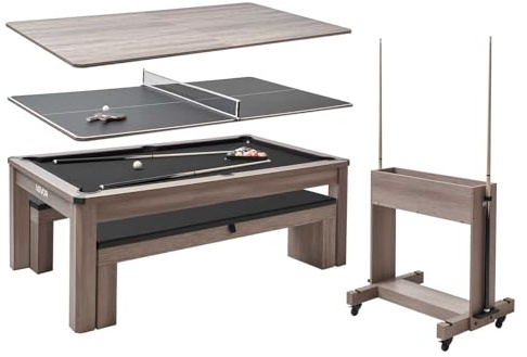 VEVOR Mesa de Billar 3 en 1 para Juegos de Mesa con Mesa de Comedor, con 2 Bancos para Almacenamiento y Accesorios, Carga de 137 kg, Incluye Taco y Cepillo para Tiza, 2140 x 1190 x 790 mm, Gris
