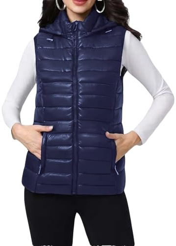 vittorio y Gilet pour femme en duvet sans manches matelassé – capuche amovible, fermeture éclair avant et poches fonctionnelles – veste rembourrée légère pour demi-saison, bleu, XXL