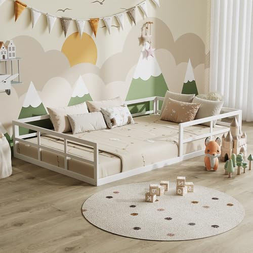 VitaliSpa Cama Baja Minno 120x200, Cama Infantil de Metal, Cama Montessori con Barrera de Seguridad, Baja Altura de Acceso, Blanco
