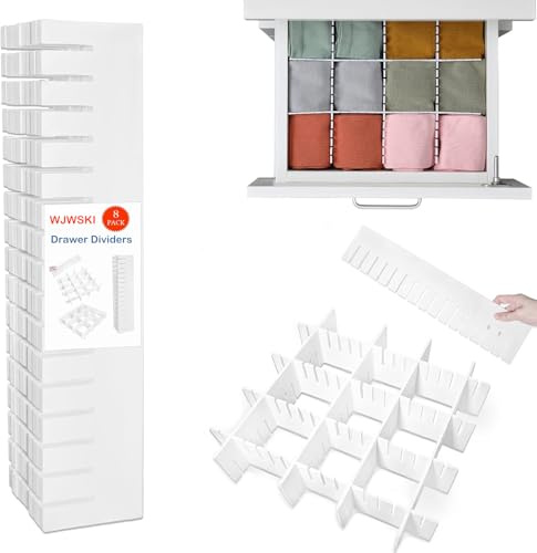 WJWSKI Drawer Dividers 8 Pack,42x9cm Adjustable Drawer Organiser,Drawers Separators for Clothes,Makeup,Socks,Kitchen Utensils and Office Storage,DIY Cut at Will,White