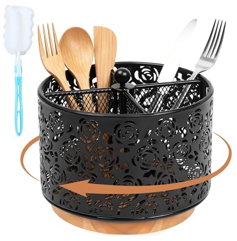 360° Rotating Utensil Caddy, 4 Rotatable Cutlery Holder, Metal Kitchen Utensil Holder, Multifunctional Flatware Organizer with Wooden Base for Party Countertop Buffet Picnic Kitchen Counter Office