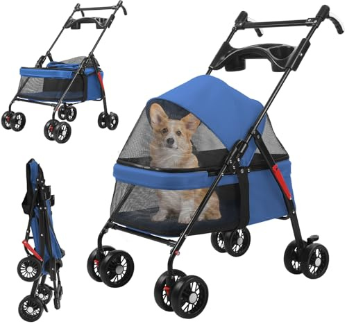nawoefii Poussette pour chien, poussette chat pliable à 4 roues, pour chiens et chat, poussettes animaux domestiques avec poignée réversible, insert amovible poussettes, chiens jusqu'à 10 kg Bleu