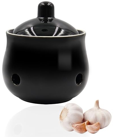 Pot à ail en céramique pour comptoir, pot de rangement pour ail avec couvercle, récipients de rangement ventilés pour pommes de terre et oignons pour décoration de comptoir de cuisine (noir)