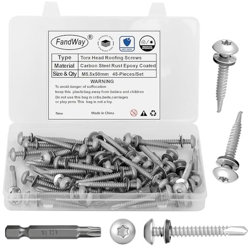 45 Pièces Torx Vis Autoforeuse Metal, M5,5x50mm Vis à Tôle Autotaraudeses de Toiture et Autoperforante Acier Carbone Torx Tête Ronde Avec Rondelles EPDM pour Alu Bois Tôle Plastique.Avec 1 TX30.