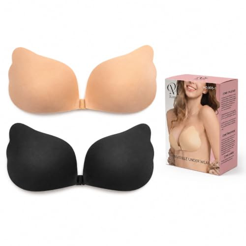 QM Reggiseno Adesivo Push Up, Reggiseno Invisibile Senza Spalline, con Chiusura Frontale, Effetto Push Up Naturale 2Paia